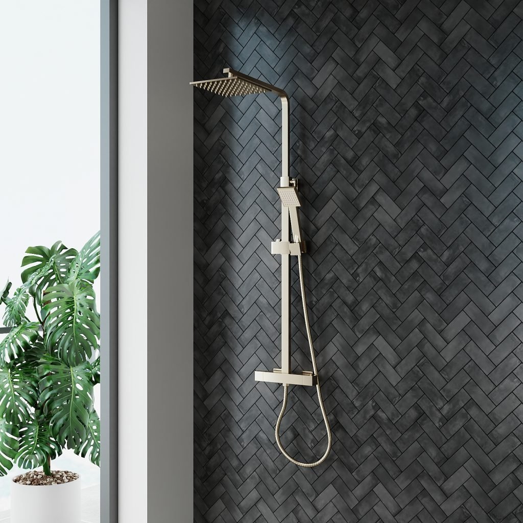 Lunar Brushed Brass Square Thermostatic Exposed Rain Head Shower