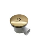 a 90mm brushed brass shower waste with a white background