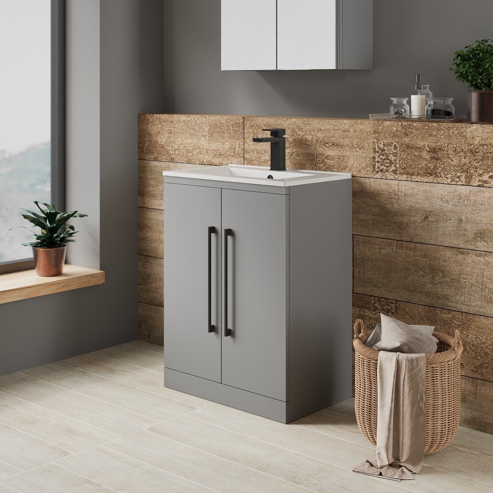 Pursey 2 Door Light Gloss Grey 600mm Unit & Basin With Matte Black 