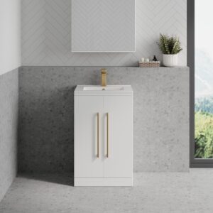 Joyce 2 Door Gloss White 500mm Unit & Basin With Brushed Brass 