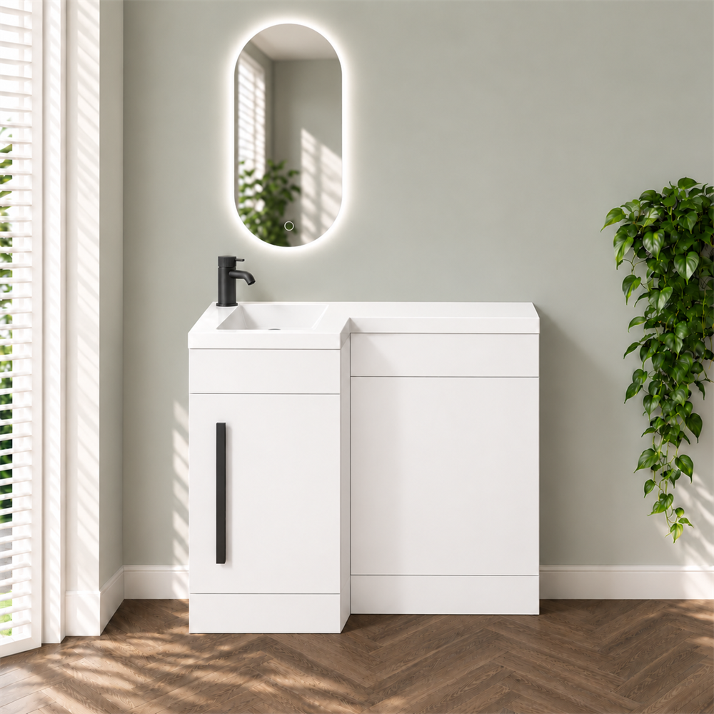 Amy 900mm Combination Toilet & Sink Unit – Gloss White with Black Handle - Image 6