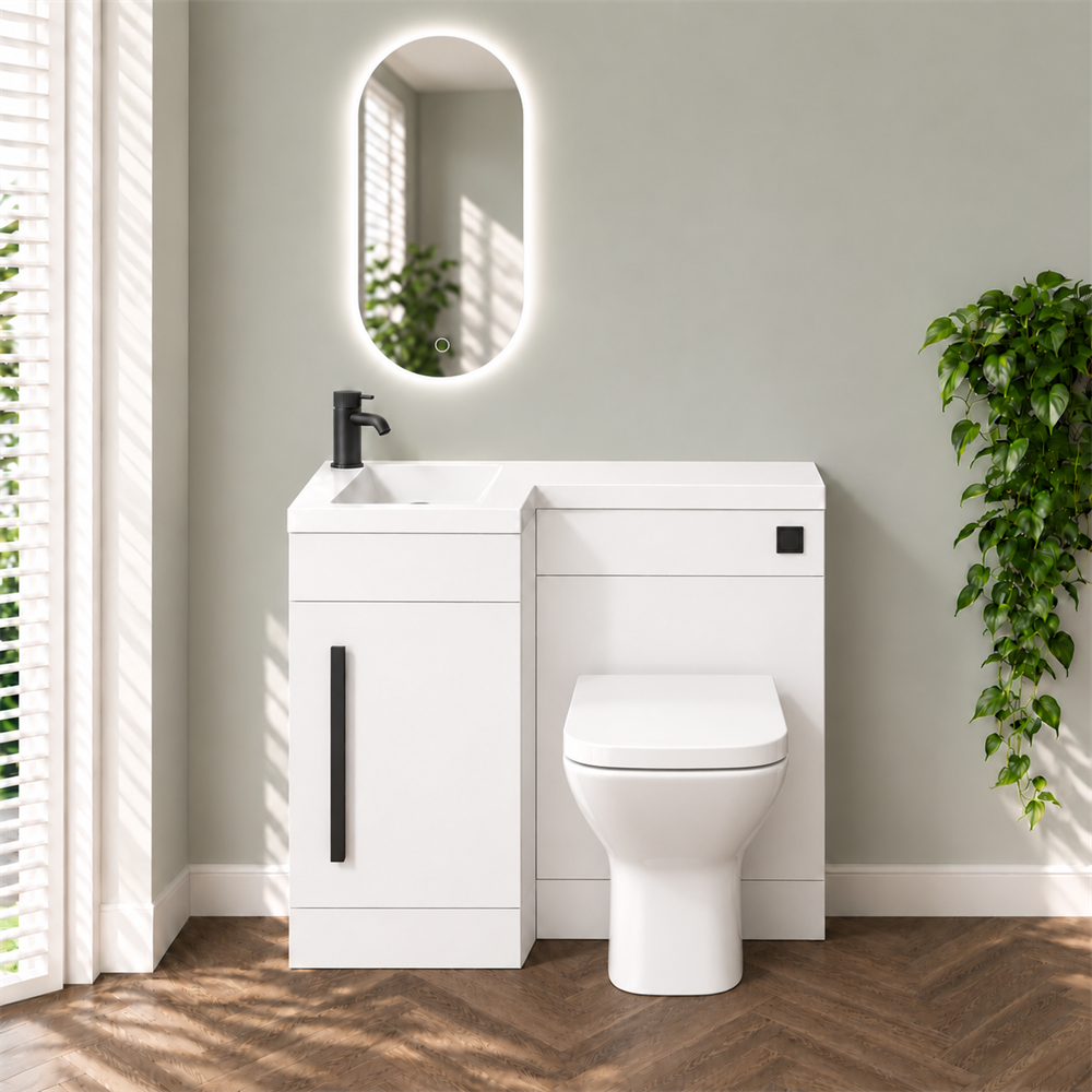 Amy 900mm Combination Toilet & Sink Unit – Gloss White with Black Handle - Image 2