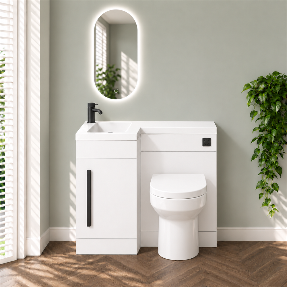 Amy 900mm Combination Toilet & Sink Unit – Gloss White with Black Handle - Image 3