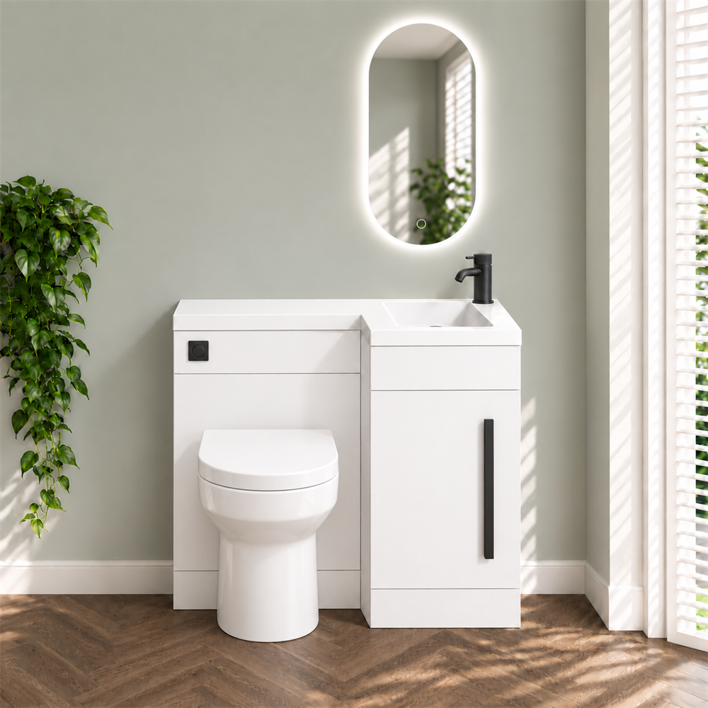 Amy 900mm Combination Toilet & Sink Unit – Gloss White with Black Handle - Image 4
