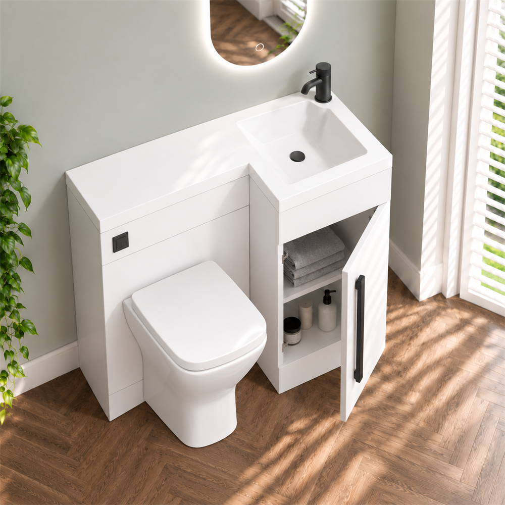 Amy 900mm Combination Toilet & Sink Unit – Gloss White with Black Handle - Image 5