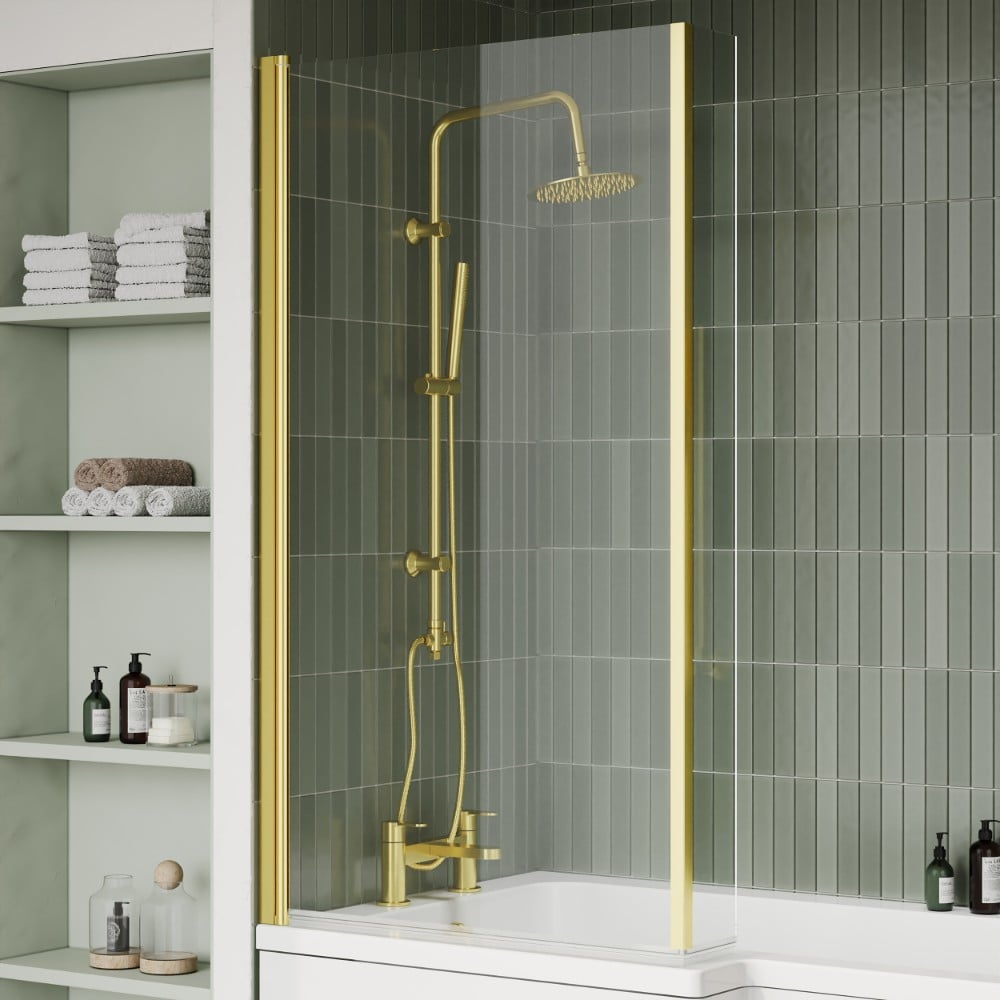 Litchfield 1700mm L-Shaped Shower Bath with Screen & Panel – Brushed Brass Hinged Screen - Image 3