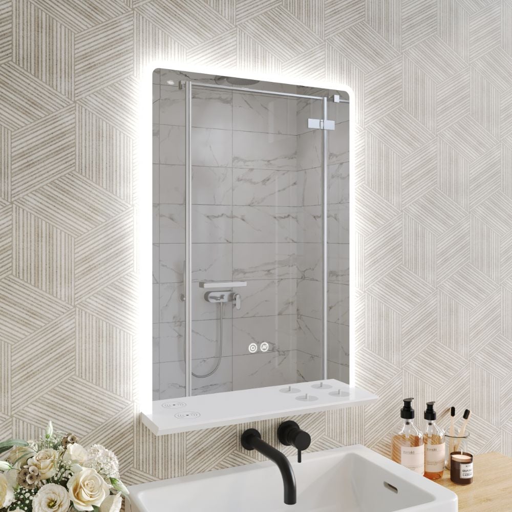 Charj 600mm Led Illuminated Bathroom Mirror Including a built in shelf with Wireless charging pad & toothbrush charging point - Image 3