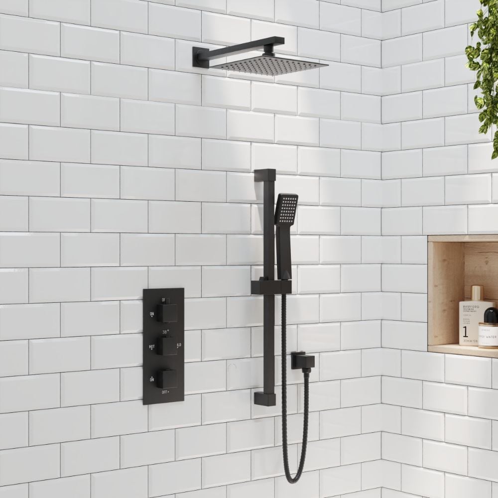 Litchfield Matte Black Square Concealed Shower including 200mm rain head & Matte black Adjustable riser rail