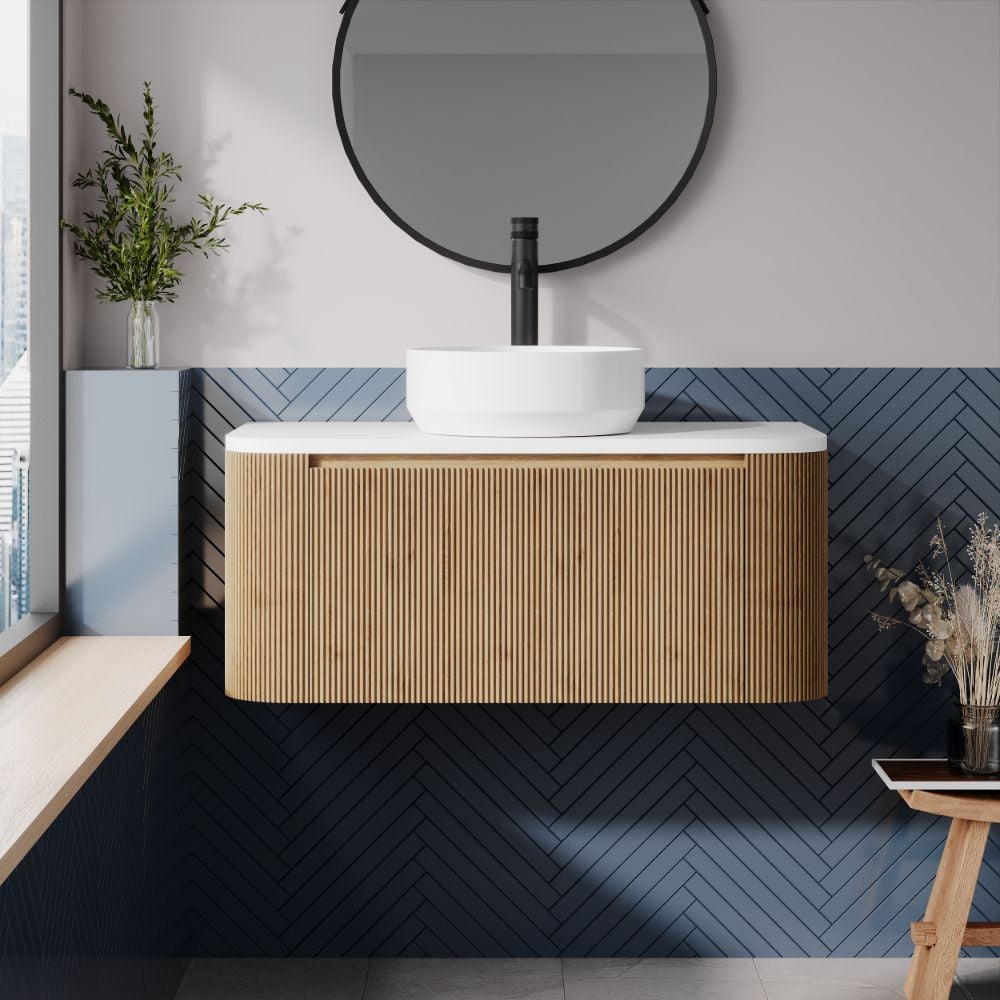 flauto 870mm country oak fluted wall hung vanity unit with white sintered stone countertop