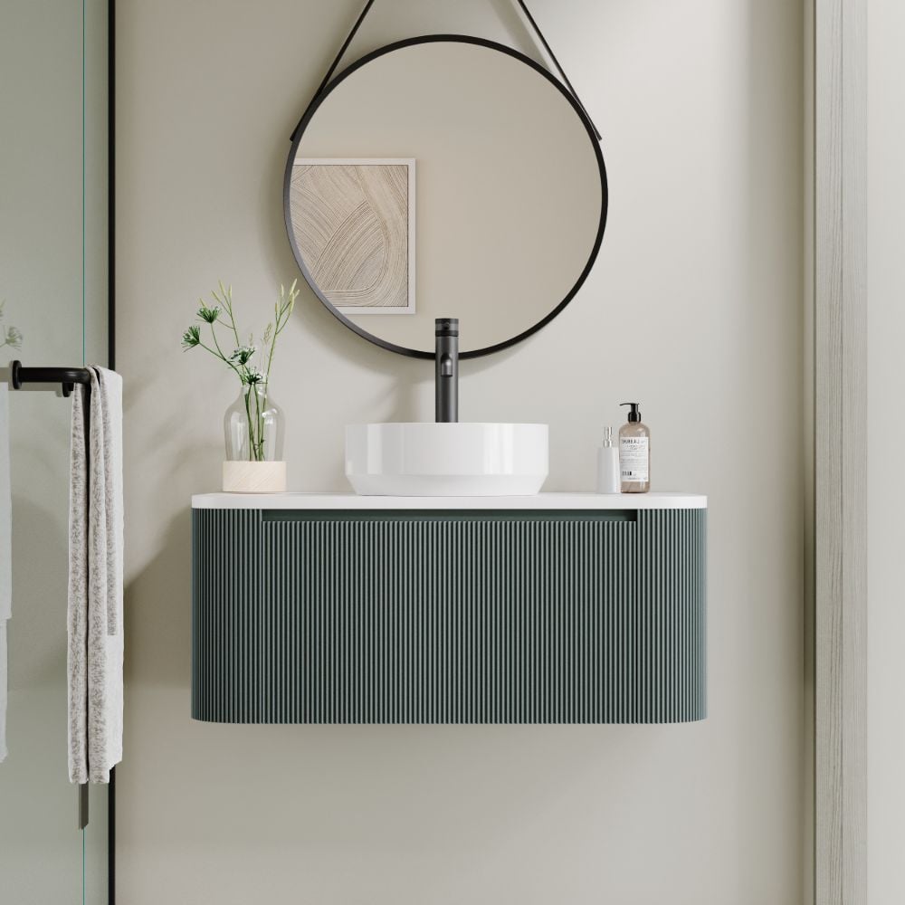 tailored flauto 870mm sage green wall hung vanity unit with sintered stone countertop