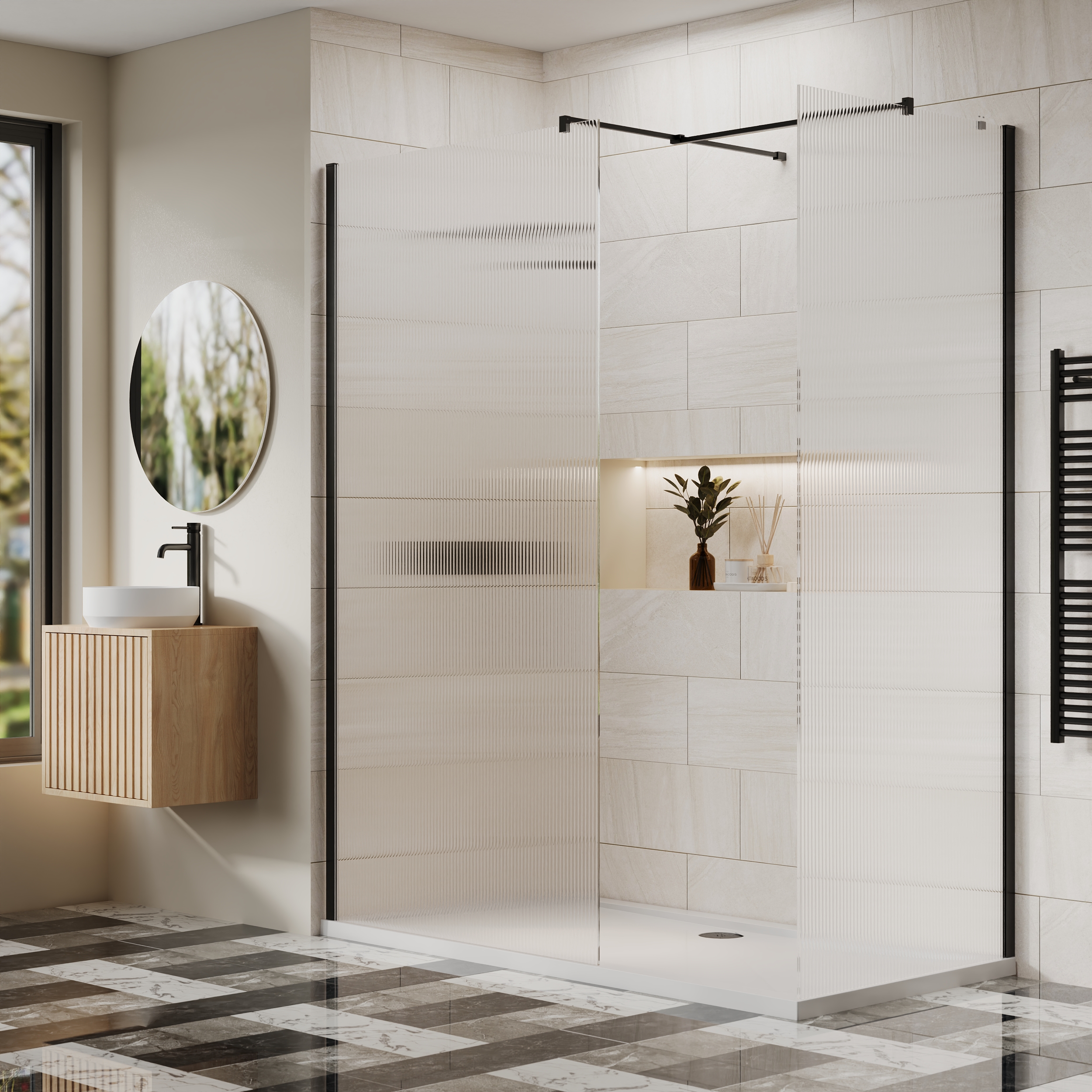 Litchfield Matt Black Fluted Glass Walk-In Shower Panel 700–1000mm x 2000mm – 8mm Toughened, Acqua Shield & Lifetime Guarantee - Image 2