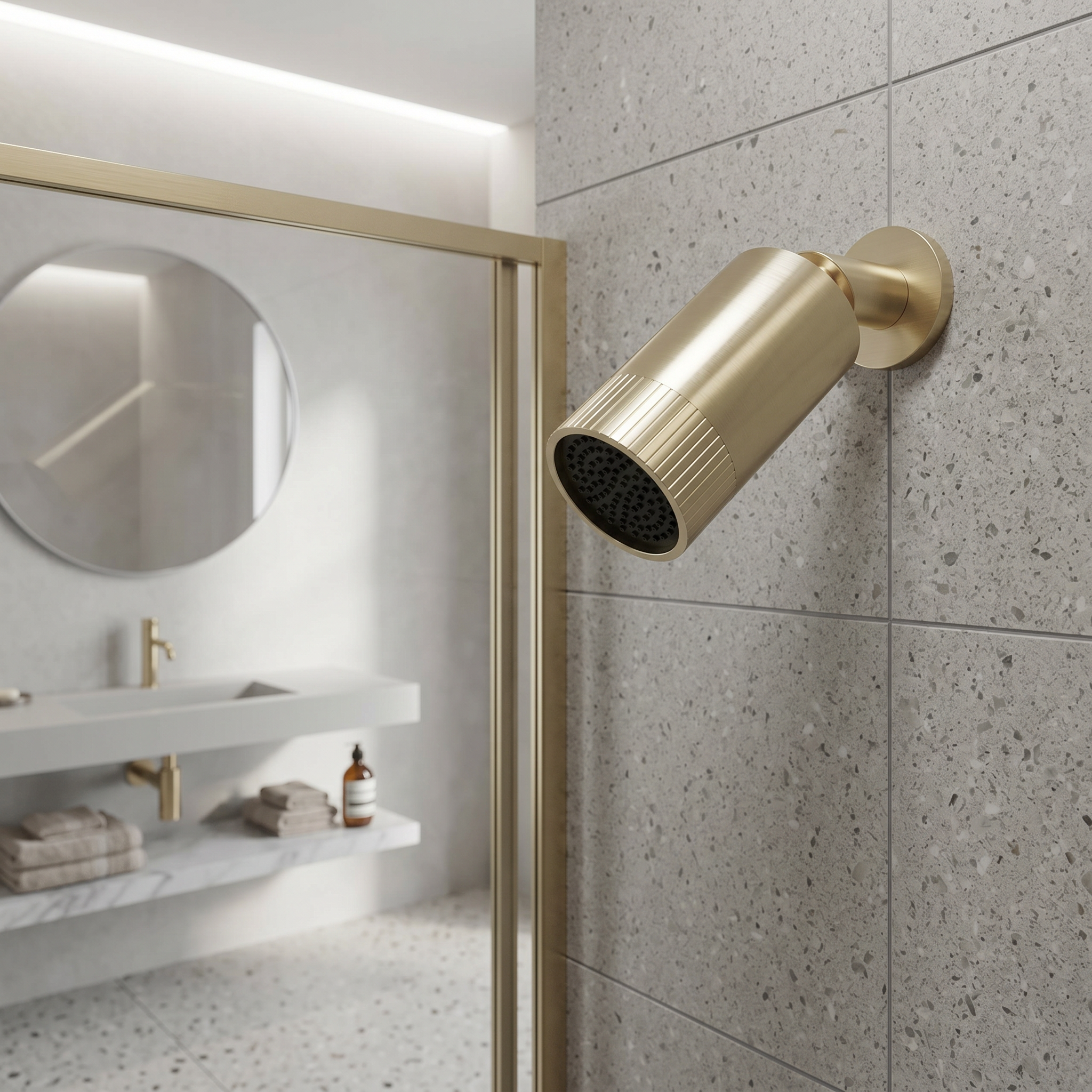 Core Spotlight Shower Head 85mm Brushed Brass – Wall Mounted Compact Fixed Head