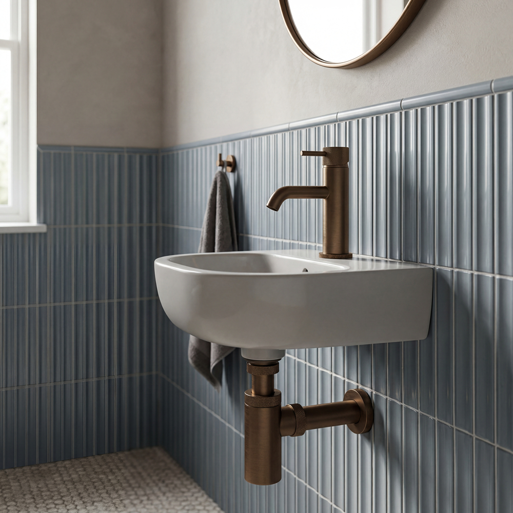 Litchfield Knurled Brushed Bronze Cloakroom Basin Mixer Tap with Sprung Waste - Image 3