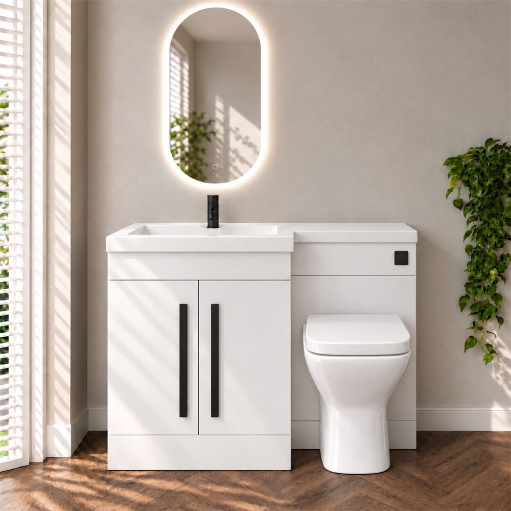 Amy 1100mm Combination Bathroom Toilet & Sink Unit in Gloss White – Modern, Space-Saving Design with Matt Black Handles - Image 4