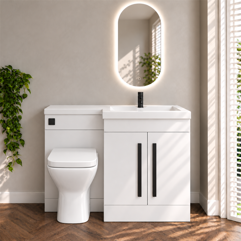 Amy 1100mm Combination Bathroom Toilet & Sink Unit in Gloss White – Modern, Space-Saving Design with Matt Black Handles - Image 3