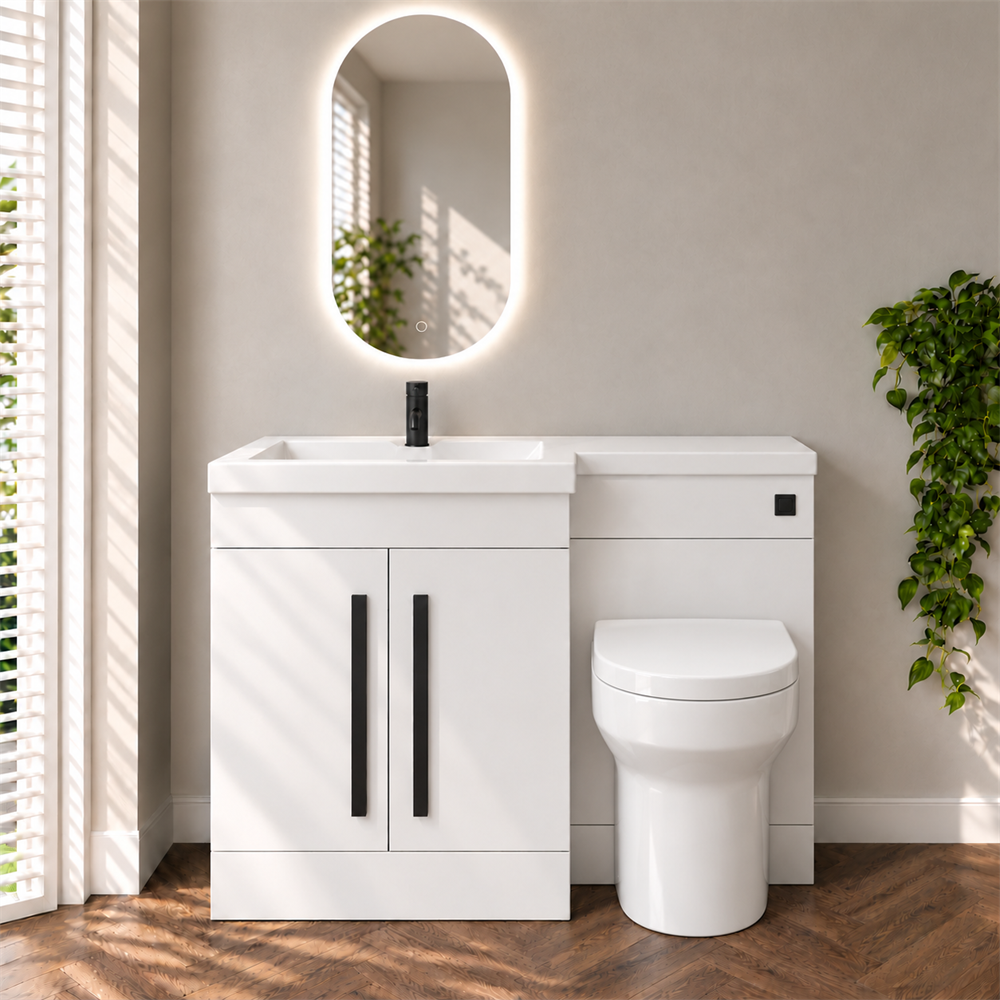 Amy 1100mm Combination Bathroom Toilet & Sink Unit in Gloss White – Modern, Space-Saving Design with Matt Black Handles - Image 2